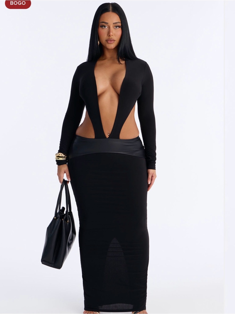 Fashion Nova Black Long Sleeve Deep Plunge Cutout Maxi Dress